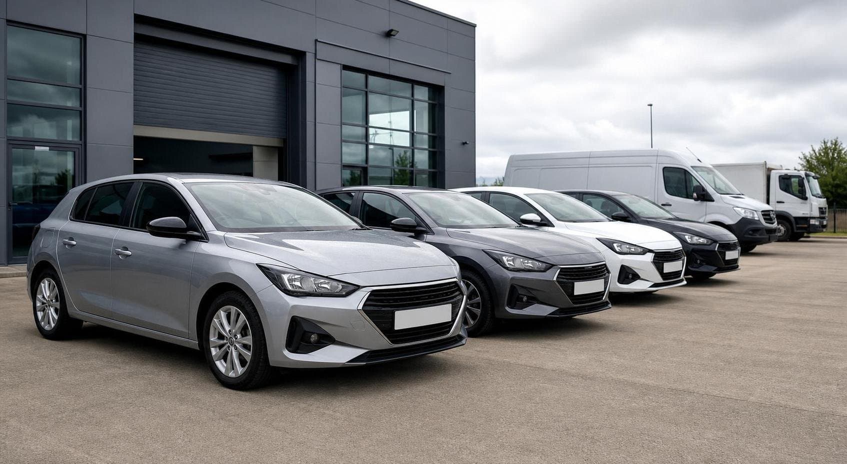 Line of compact hire cars outside a modern vehicle hire depot in Doncaster