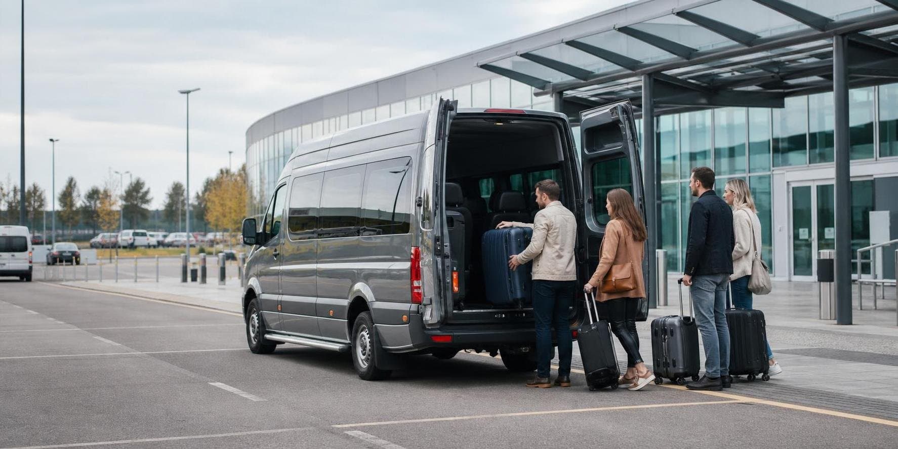 Minibus with travellers loading luggage at an airport drop-off area