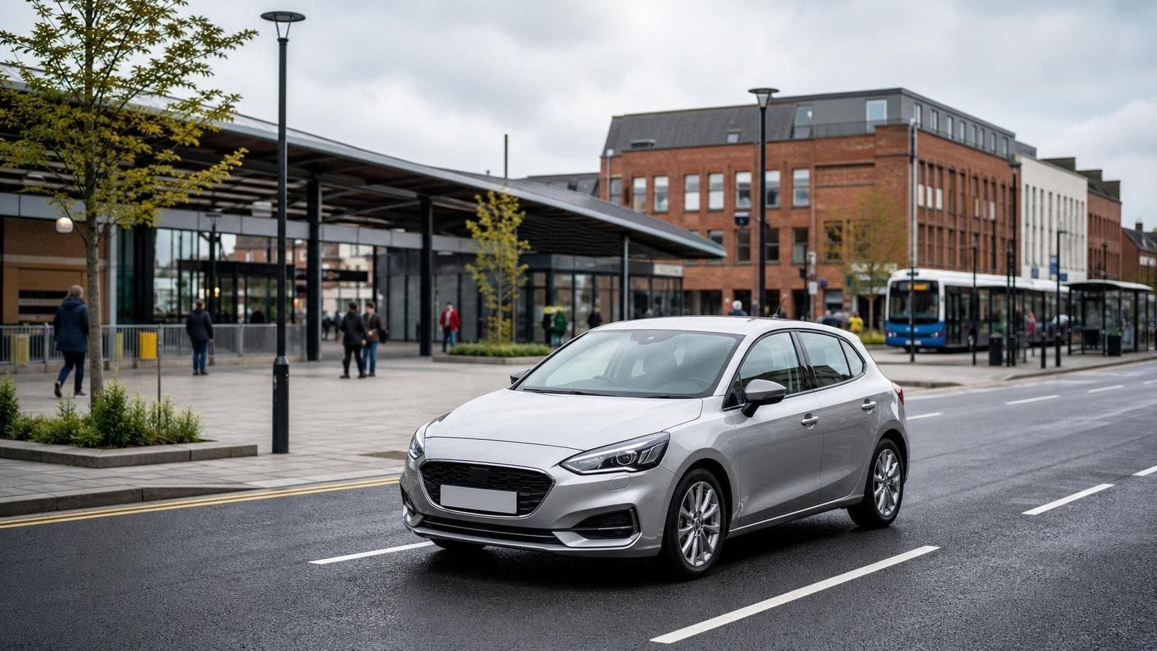 Compact hire car near a town-centre road in Worksop