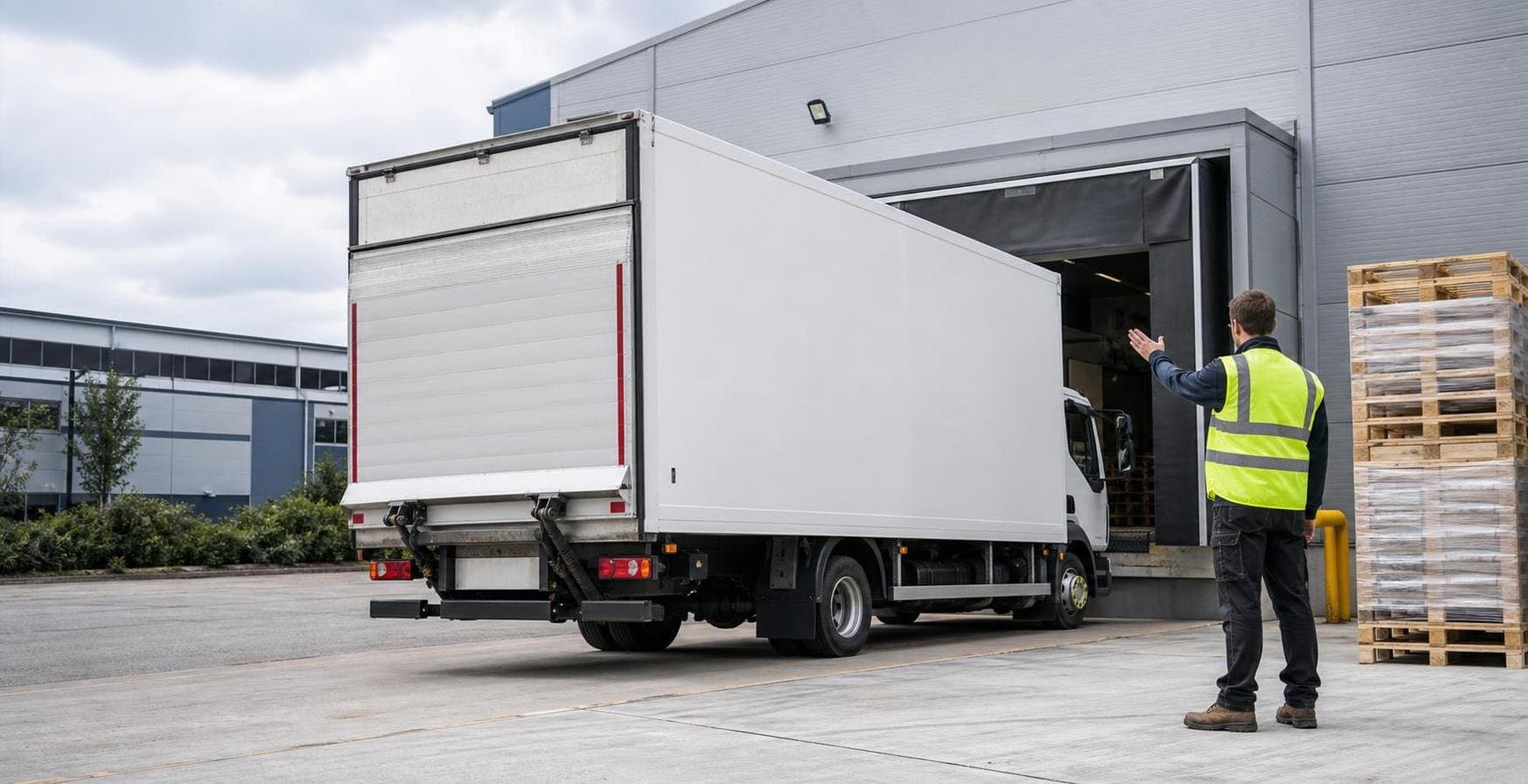 Rigid box truck at a warehouse loading bay on a business park