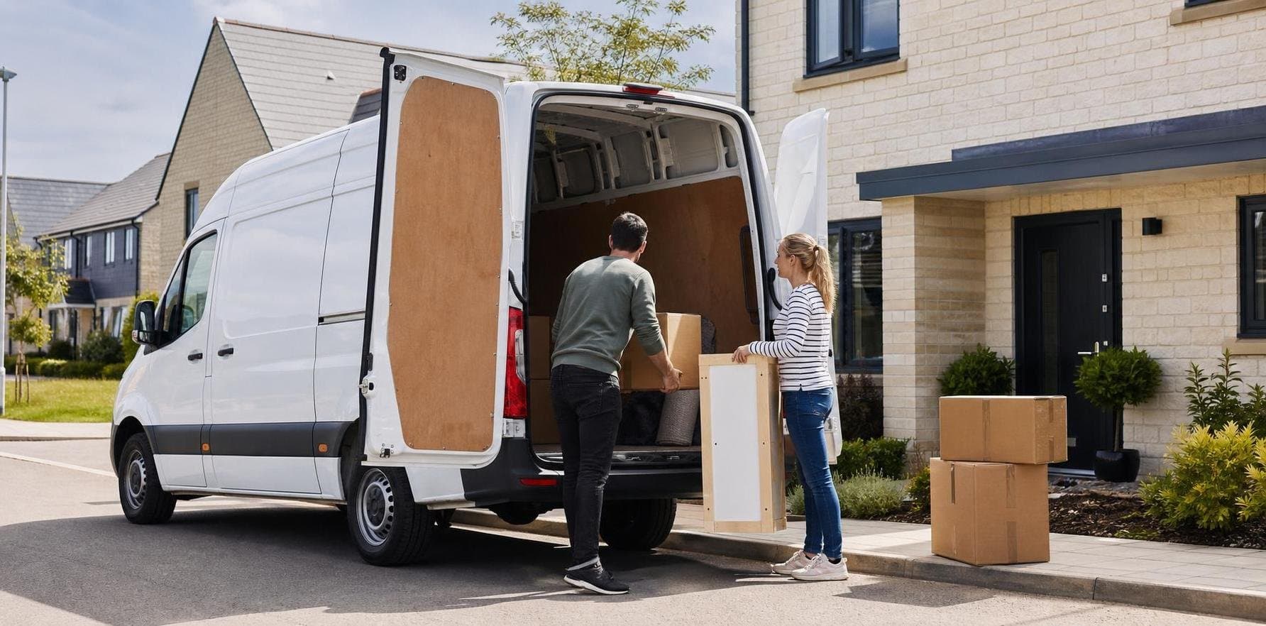 Panel van being loaded with boxes on a residential driveway